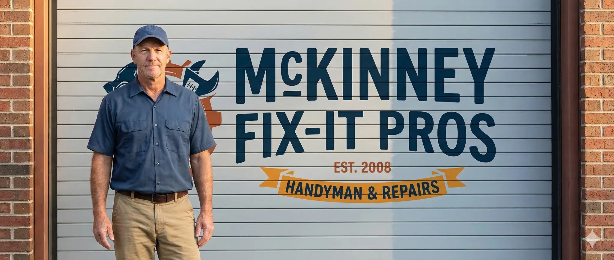 McKinney Fix-It Pros owner in front of branded shop door